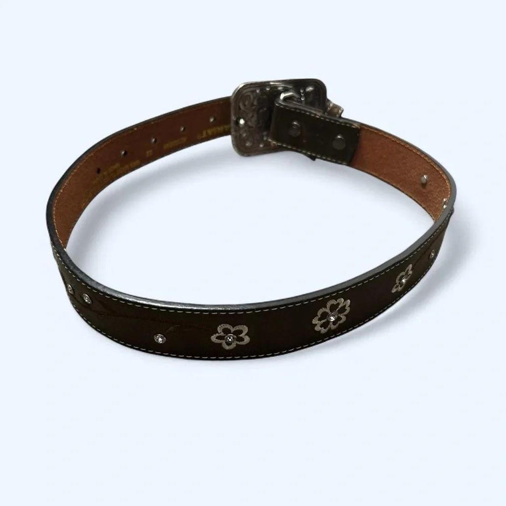 Ariat Brown Leather Floral Embroidered Belt w Large Silver Rhinestone Buckle
